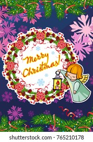 Winter holiday card with pine branches, sweet little angels and artistic written text "Merry Christmas!". Vector clip art.
