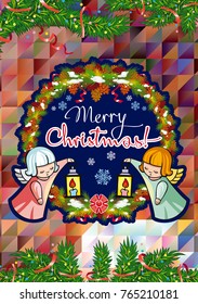 Winter holiday card with pine branches, sweet little angels and artistic written text "Merry Christmas!". Vector clip art.