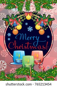 Winter holiday card with pine branches, Christmas garland, lighted candles and holiday greeting text "Merry Christmas!". Cosy winter. 
Vector clip art.