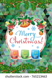 Winter holiday card with pine branches, Christmas garland, lighted candles and holiday greeting text "Merry Christmas!". Cosy winter. 
Vector clip art.