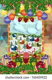 Winter holiday card with pine branches and winter village landscape. Forest, snowflakes, pine branch, cones. Christmas decoration. Vector clip art.