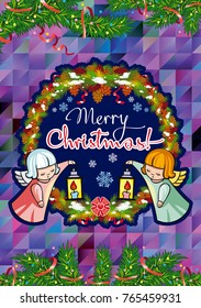 Winter holiday card with pine branches, sweet little angels and artistic written text "Merry Christmas!". Vector clip art.