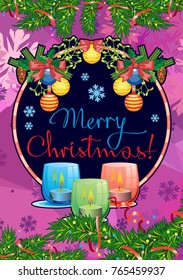 Winter holiday card with pine branches, Christmas garland, lighted candles and holiday greeting text "Merry Christmas!". Cosy winter. Vector clip art.