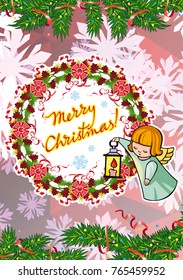 Winter holiday card with pine branches, sweet little angels and artistic written text "Merry Christmas!". Vector clip art.