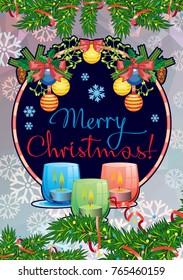 Winter holiday card with pine branches, Christmas garland, lighted candles and holiday greeting text "Merry Christmas!". Cosy winter. Vector clip art.