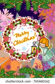 Winter holiday card with pine branches, sweet little angels and artistic written text "Merry Christmas!". Vector clip art.