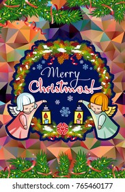 Winter holiday card with pine branches, sweet little angels and artistic written text "Merry Christmas!". Vector clip art.
