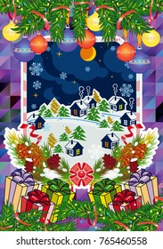 Winter holiday card with pine branches and winter village landscape. Forest, snowflakes, pine branch, cones. Christmas decoration. Vector clip art.
