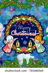 Winter holiday card with pine branches, sweet little angels and artistic written text "Merry Christmas!". Vector clip art.