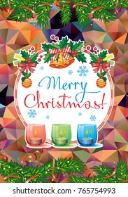Winter holiday card with pine branches, Christmas garland, lighted candles and holiday greeting text "Merry Christmas!". Cosy winter. Vector clip art.