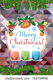 Winter holiday card with pine branches, Christmas garland, lighted candles and holiday greeting text "Merry Christmas!". Cosy winter. Vector clip art.