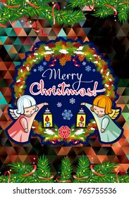 Winter holiday card with pine branches, sweet little angels and artistic written text "Merry Christmas!". Vector clip art.