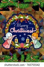 Winter holiday card with pine branches, sweet little angels and artistic written text "Merry Christmas!". Vector clip art.
