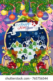 Winter holiday card with pine branches and winter village landscape. Forest, snowflakes, pine branch, cones. Christmas decoration. Vector clip art.