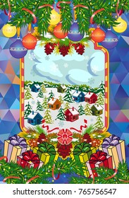 Winter holiday card with pine branches and winter village landscape. Forest, snowflakes, pine branch, cones. Christmas decoration. Vector clip art.