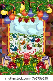 Winter holiday card with pine branches and winter village landscape. Forest, snowflakes, pine branch, cones. Christmas decoration. Vector clip art.