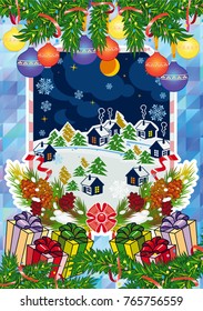 Winter holiday card with pine branches and winter village landscape. Forest, snowflakes, pine branch, cones. Christmas decoration. Vector clip art.