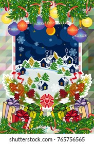 Winter holiday card with pine branches and winter village landscape. Forest, snowflakes, pine branch, cones. Christmas decoration. Vector clip art.