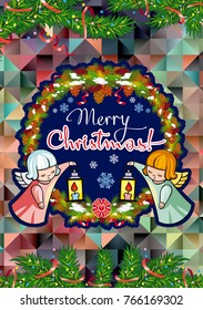 Winter holiday card with pine branches, sweet little angels and artistic written text "Merry Christmas!". Vector clip art.