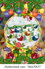 Winter holiday card with pine branches and winter village landscape. Forest, snowflakes, pine branch, cones. Christmas decoration. Vector clip art.