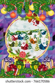 Winter holiday card with pine branches and winter village landscape. Forest, snowflakes, pine branch, cones. Christmas decoration. Vector clip art.
