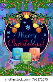 Winter holiday card with pine branches, Christmas garland, lighted candles and holiday greeting text "Merry Christmas!". Cosy winter. Vector clip art.