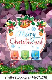Winter holiday card with pine branches, Christmas garland, lighted candles and holiday greeting text "Merry Christmas!". Cosy winter. Vector clip art.