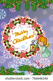 Winter holiday card with pine branches, sweet little angels and artistic written text "Merry Christmas!". Vector clip art.