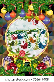 Winter holiday card with pine branches and winter village landscape. Forest, snowflakes, pine branch, cones. Christmas decoration. Vector clip art.