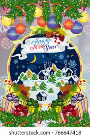 Winter holiday card with pine branches and winter village landscape. Forest, snowflakes, pine branch, cones. Christmas decoration. Vector clip art.