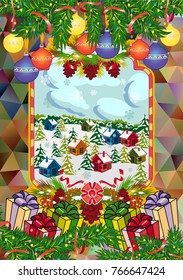 Winter holiday card with pine branches and winter village landscape. Forest, snowflakes, pine branch, cones. Christmas decoration. Vector clip art.