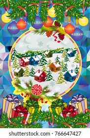 Winter holiday card with pine branches and winter village landscape. Forest, snowflakes, pine branch, cones. Christmas decoration. Vector clip art.