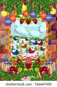 Winter holiday card with pine branches and winter village landscape. Forest, snowflakes, pine branch, cones. Christmas decoration. Vector clip art.