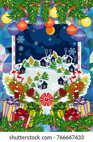 Winter holiday card with pine branches and winter village landscape. Forest, snowflakes, pine branch, cones. Christmas decoration. Vector clip art.