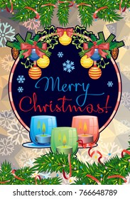 Winter holiday card with pine branches, Christmas garland, lighted candles and holiday greeting text "Merry Christmas!". Cosy winter. Vector clip art.
