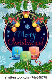 Winter holiday card with pine branches, Christmas garland, lighted candles and holiday greeting text "Merry Christmas!". Cosy winter. Vector clip art.