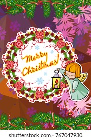 Winter holiday card with pine branches, sweet little angels and artistic written text "Merry Christmas!". Vector clip art.