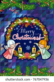 Winter holiday card with pine branches, sweet little angels and artistic written text "Merry Christmas!". Vector clip art.