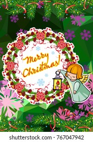 Winter holiday card with pine branches, sweet little angels and artistic written text "Merry Christmas!". Vector clip art.