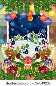 Winter holiday card with pine branches and winter village landscape. Forest, snowflakes, pine branch, cones. Christmas decoration. Vector clip art.
