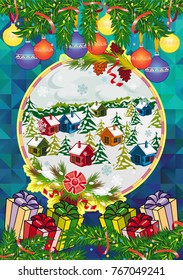 Winter holiday card with pine branches and winter village landscape. Forest, snowflakes, pine branch, cones. Christmas decoration. Vector clip art.