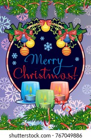 Winter holiday card with pine branches, Christmas garland, lighted candles and holiday greeting text "Merry Christmas!". Cosy winter. Vector clip art.