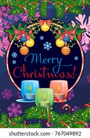 Winter holiday card with pine branches, Christmas garland, lighted candles and holiday greeting text "Merry Christmas!". Cosy winter. Vector clip art.