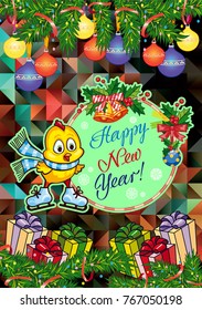 Winter holiday card with pine branches, cute chicken and greeting text:"Happy New Year!". Vector clip art.