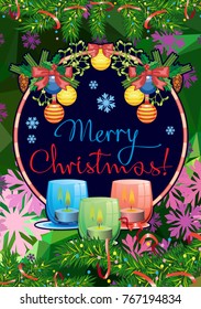 Winter holiday card with pine branches, Christmas garland, lighted candles and holiday greeting text "Merry Christmas!". Cosy winter. Vector clip art.