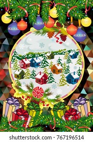 Winter holiday card with pine branches and winter village landscape. Forest, snowflakes, pine branch, cones. Christmas decoration. Vector clip art.