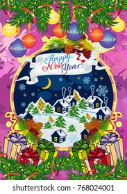 Winter holiday card with pine branches and winter village landscape. Forest, snowflakes, pine branch, cones. Christmas decoration. Vector clip art.