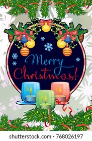 Winter holiday card with pine branches, Christmas garland, lighted candles and holiday greeting text "Merry Christmas!". Cosy winter. Vector clip art.
