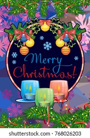 Winter holiday card with pine branches, Christmas garland, lighted candles and holiday greeting text "Merry Christmas!". Cosy winter. Vector clip art.