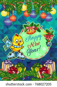 Winter holiday card with pine branches, cute chicken and greeting text:"Happy New Year!". Vector clip art.